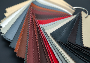 Leder kleurstalen aan ring, verschillende kleuren en texturen overzichtelijk gerangschikt.