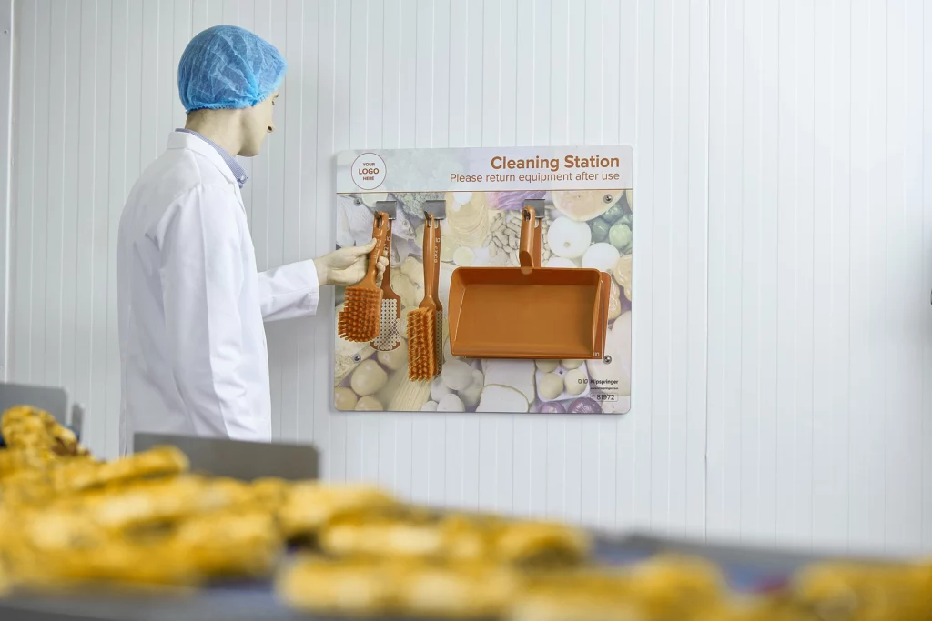 Schattenwand mit Besen und Kehrschaufel als Reinigungsstation für visuelle Ordnung und Hygiene am Arbeitsplatz.